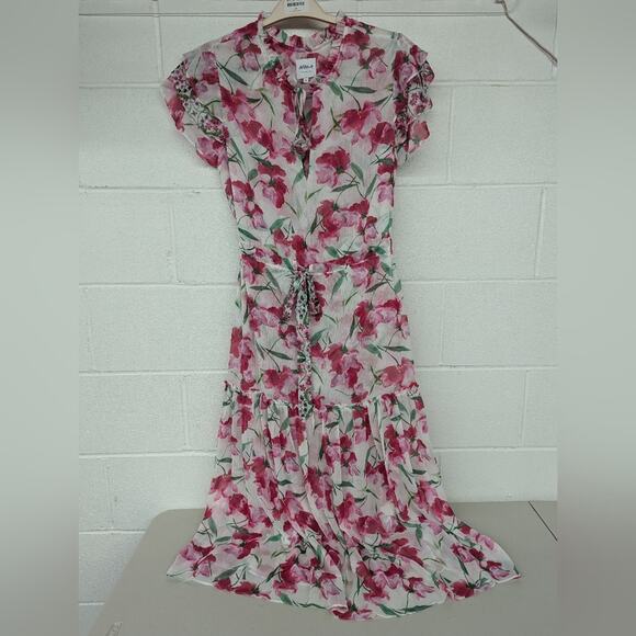 New Sz small MISA LOS ANGELES NIKA DRESS FUSCHIA MIX floral printed chiffon midi - Picture 4 of 10
